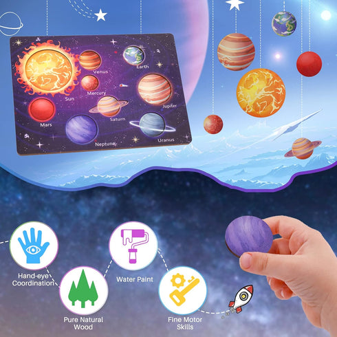 Upgrated Solar System Puzzle for Kids 3-6 - Wooden Space Toys for Preschool Learning Activities, Gift