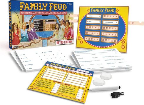 FAMILY FEUD Retro Edition Card Game, 1970s Episodes’ Questions & Answers, Party Game with Classic Twist, Traditional Gummed Pad with Survey Questions, Retro Scoreboard, Kick It Old School Style