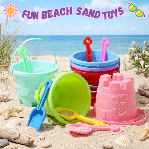 6 Set 6 Summer (7.5 5.9 Inch) Didaey Beach Sand Buckets and Shovels, Include Sand Pail Bucket Colors with Castle Design