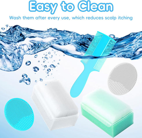 Set 5 Cradle Cap Brush for Babies, of Baby Bath Essentials with Bath Sponge Silicone Scrubber Long Handle Comb