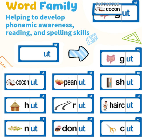 30 3-8 Word Family Build Book, Read and Rhyme Flip Activity Book, ABC Vocabulary Flash Cards CVC Words Reading Games