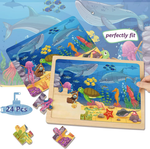 Wooden Puzzles for Kids Ages 3-5 - 6 Packs 24 PCs Jigsaw Puzzles - Educational Brain Teaser Toys
