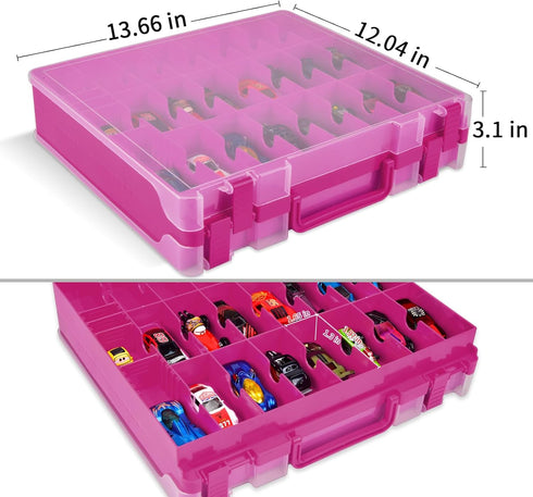 ALCYON Double Sided Organizer Case for Hot Wheels, Matchbox Cars, Mini Toys, Small Dolls - 48 Compartments, Purple (Box