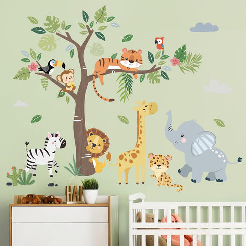 decalmile Jungle Animals Tree Wall Decals Elephant Giraffe Lion Safari Wall Stickers Baby Nursery Kids Bedroom Living