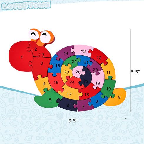 LovesTown Snail Wooden Puzzles, 26PCS Building Blocks Jigsaw Puzzle Alphabet and Number Blocks for Kids Toddlers