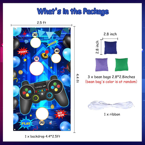 Video Games Toss Games, Level Up Game Video Game Controller Banner Backdrop with 3 Bean Bags for Kids Blue Gaming Party Supplies Throwing Games Birthday Party Outdoor Indoor Family Class Activities