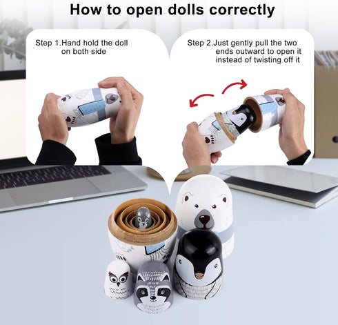 Yoption 5Pcs Handmade Wooden Russian Matryoshka Dolls Set for Kids - Polar Bear Penguin Nesting Toy Gift