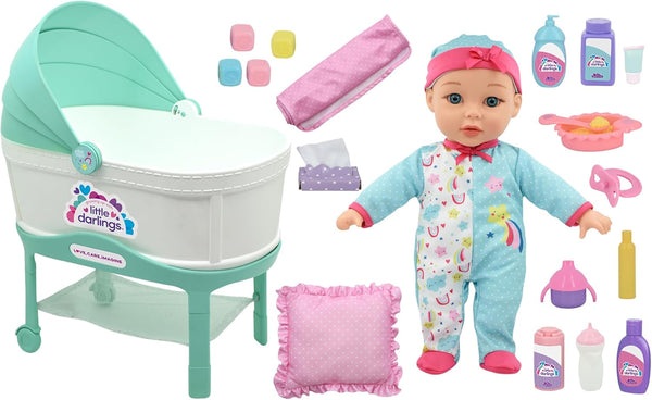 Little Darlings: 12" Bassinet Baby Doll Set - Teal, Pink, Stars - Soft Body Doll with Accessories for Kids Ages 2+