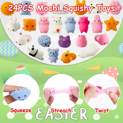 24 Pack Fillers Easter Eggs with Mochi Squishy Toys Surprise Mini Kawaii Animal Squishies Stress Relief Toys for Easter