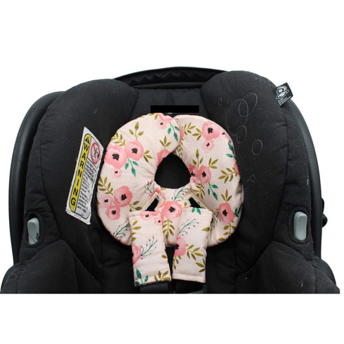 Set, Infant Car Seat Head Support Blush Pink Coral Floral, Newborn Head Rest, Baby Strap Covers, Carry Cushion