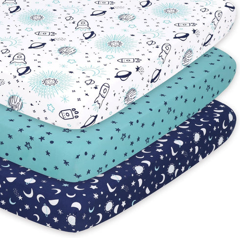 The Peanutshell Pack n Play Sheets, Fitted Mini Crib Sheets, Celestial Space 3 Pack for Boy or Girl