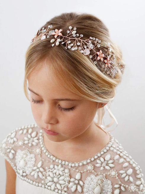 SWEETV Flower Girl Headband for Wedding, Baby's Breath Rose Gold Hair Piece for Birthday Party
