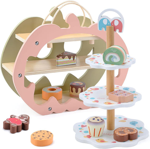 CUTE STONE Wooden Toy Tea Party Set, Kids Dessert Playset with Double-Sided