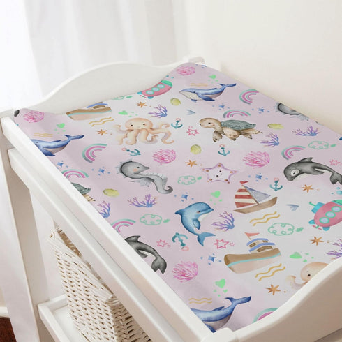 Colorful Sea Animals Baby Changing Pad Covers for Boys & Girls, 32''x16'', Soft Nautical Life Sheets