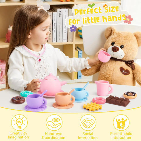 Set Set 2-5 iAOVUEBY Silicone Tea for Toddlers, Tea Party for Little Girls, Kids Pretend Role Play Kitchen Toys
