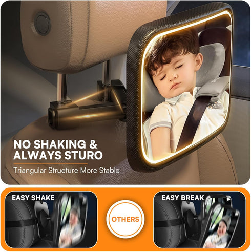 Baby Car Mirror with Light, Rechargeable Rear Facing Mirror with Remote Control, 360° Rotation, Clear Vision