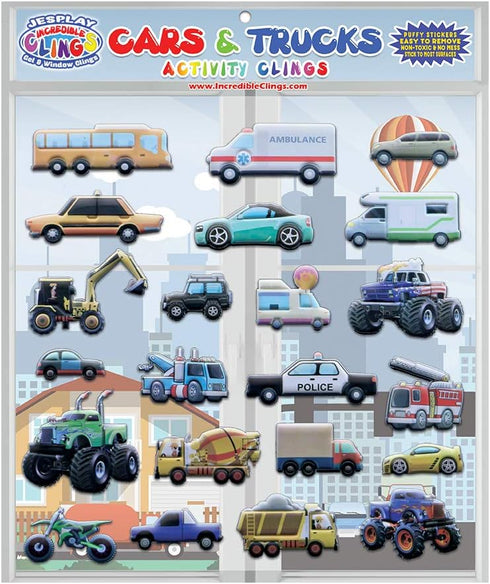 Cars and Trucks Window Clings for Kids & Toddlers by Jesplay USA - Reusable Gels & Decals, Puffy Sticker Activities