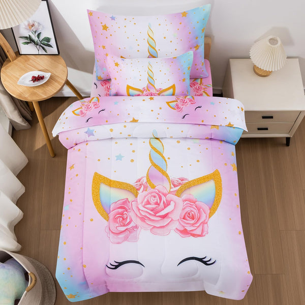 JQinHome Toddler Comforter for Girls,5 Piece Bed in A Bag 3D Unicorn