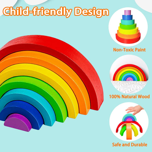Wooden Rainbow Stacking Toy, Montessori Arch Bridge Building Blocks, Colorful Puzzles for Kids 2-5 Years Old, Rainbow