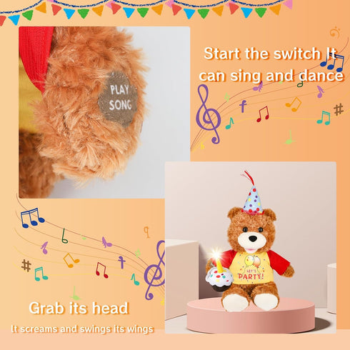 12 Singing Dancing Birthday Teddy Bear with Light Up Candle Playing Happy Birthday Song Musical Interactive Stuffed