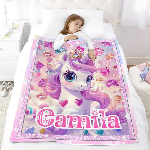 Personalized Baby Blanket with Unicorn Pattern for Girls, Custom Kids Blanket with Name, Customized Receiving Swaddle