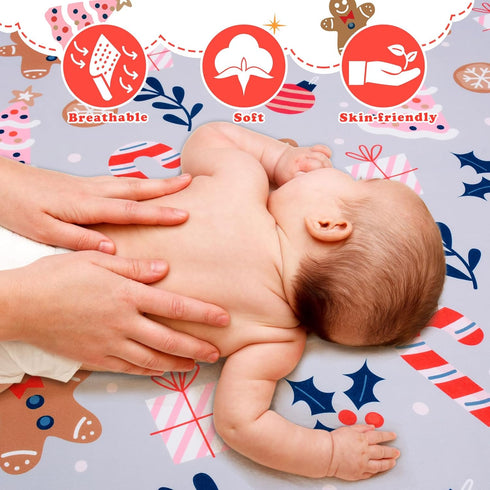 52'' 28'' Christmas Crib Sheet, Fitted Crib Sheet with Christmas Tree, Cane, Gingerbread Man, Measuring x to fit