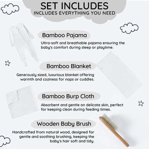 Generic Set 4-Piece Luxury Baby Gift Premium Bamboo Baby Essentials (Pajama, Blanket, Burp Cloth & Wooden Brush) Soft
