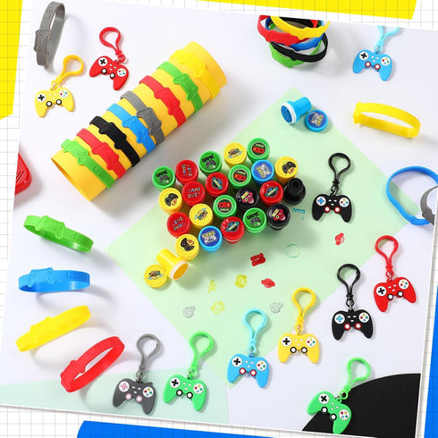 Skylety 72 Pcs Video Game Party Favor Set, Rubber Bracelets, Stamps, and Keychains for Kids