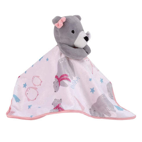NoJo Girl Bear and Penguins White, Gray, Pink Super Soft Christmas Sherpa Baby Blanket and Security Blanket Set