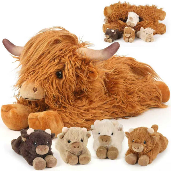 5PC Highland Cow Stuffed Animals with Babies Inside, 1 Mommy Highland Cow