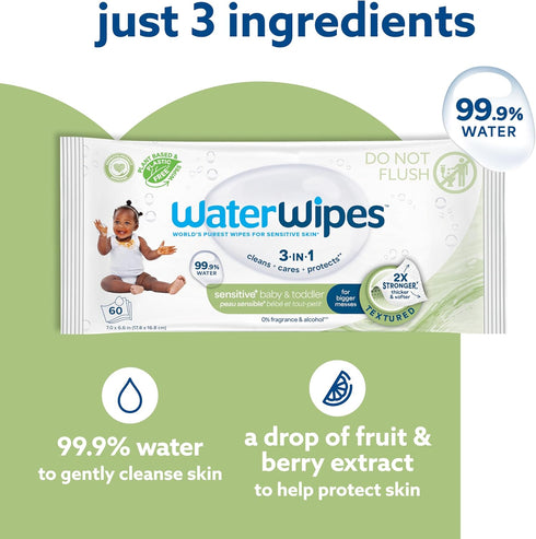 3-In-1 99.9% 240 Count (4 Packs) WaterWipes Sensitive+ Baby & Toddler Wipes, Cleans, Cares, Protects, Water, Textured