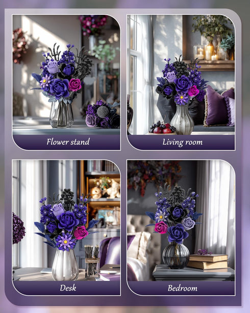 Set, Set Purple Rose Bouquet Building Artificial Floral Building Toys for Gothic Home Decor, Ideal Gift for Halloween