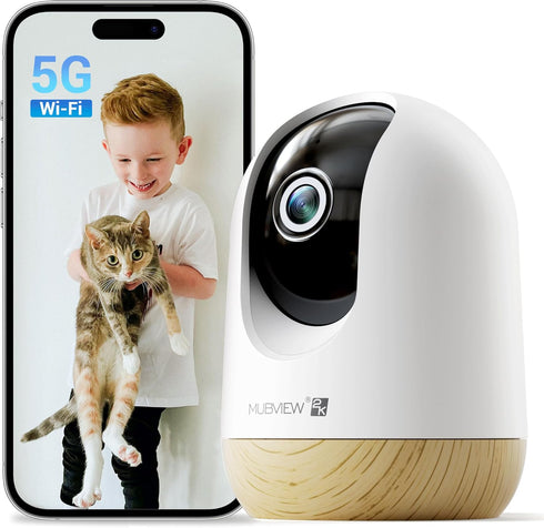 MUBVIEW 5G WiFi Indoor Security Camera, Pet Camera with Phone App, 2K Night Vision, Auto Tracking, 2-Way Audio, Local &