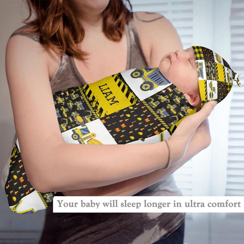 YallLocoMo Personalized Baby Swaddle Blanket for Boys Girls Construction Traffic Car Custom Name Receiving Blanket