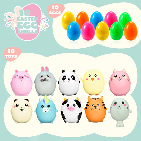 10 JOYIN Pcs Jumbo Easter Eggs Filled with Cute Stress Reliever Animal Squishy Toy for Easter Egg Hunt, Kids Party