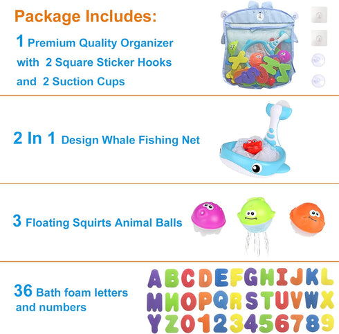 MoraBaby Sets, 36 Set Bath Toy Foam Bath Letters and Numbers, Floating Squirts Animal Toys with Fishing Net