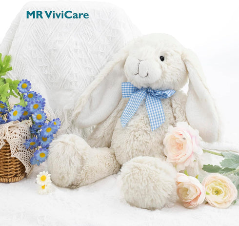 14" White Bunny Stuffed Animal for Kids, Huggable Rabbit Plush Toy with Bow for Boys and Girls, Great Gift
