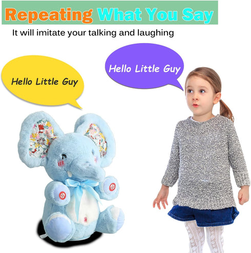 HCdoujoy Baby Blue Peek A Boo Elephant Plush Stuffed Singing Elephant, Repeat What You Say, Musical for Toddler