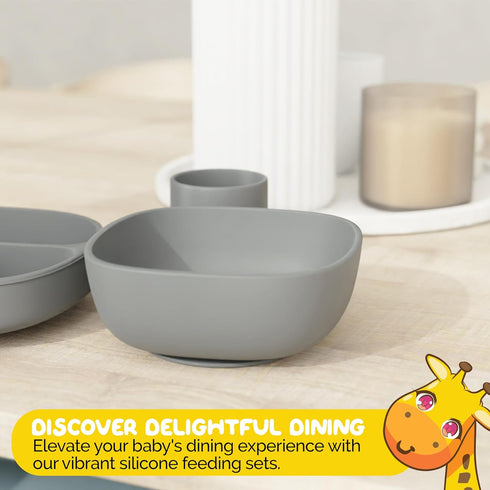 Set, 6 Baby Feeding Piece - Pebble Gray - Includes Suction Bowl, Plate, Silicone Bib, Spoon, Fork for Toddlers & Kids
