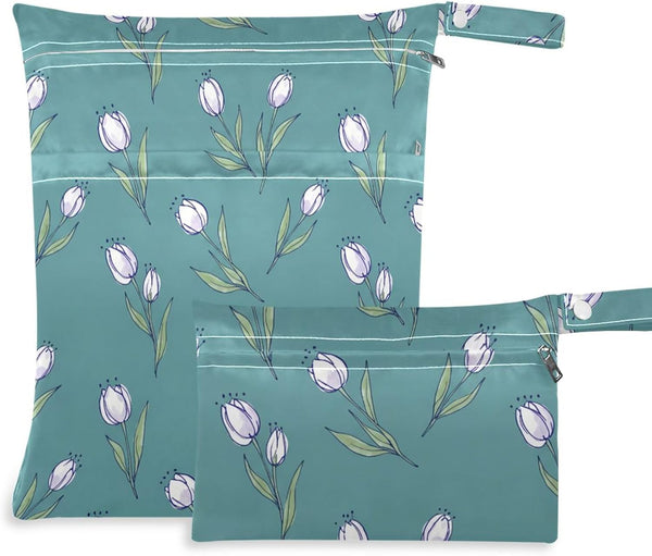 Burbuja Flowers on Teal Wet Dry Bags for Baby Cloth Diaper 2 Pack,