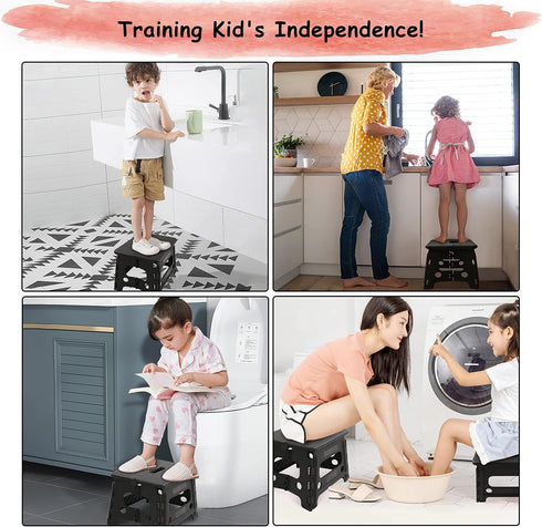 SUMBABO (1 Kids Folding Step Stool for Toddlers Safety Lock to Stable Black)