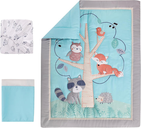 CribMATE Set 3 28'' 52'' Blue Forest Animal Nursery Crib Beddding Pieces - Quilt/Fitted Sheet/Skirt x