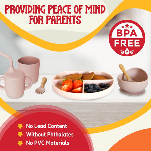 Set Set Tygo Silicone Baby Feeding Complete Self-Feeding with Suction Plate, Spill-Proof Bib, Wooden Spoon & Fork
