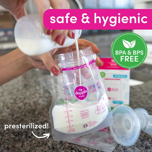 8oz, 100ct Dapple Breast Milk Storage Bags with East Pour Spout, Leakproof Double Zipper, BPA-Free, Pre-Sterilized