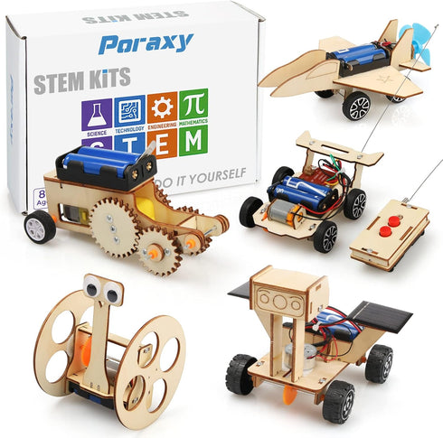 Poraxy STEM Model Car Kits, 5 in 1 Kids Wood Building Kit, 3D Wooden Puzzles for Boys Age 8-12
