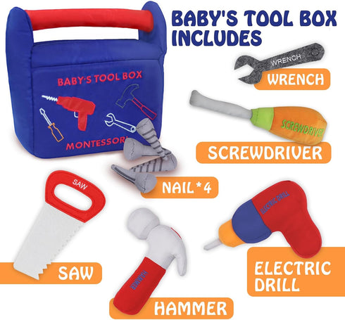 10-Piece Playset, Hammer, My First Tool Box Baby, Soft Plush Sensory Baby Tool with Electric Drill, Saw, Wrench