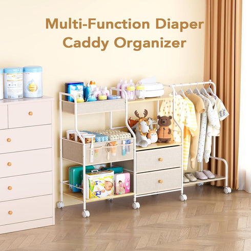 3 BBLIKE Diaper Caddy Organizer with Hanging Rack - Tier Rolling Utility Cart with Drawers and Dividers for Baby Bottle