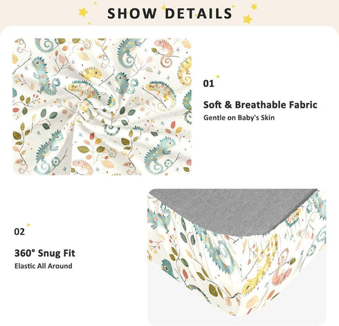 miaozhen 1 Pack 52x28 Cotton Crib Sheets for Baby Boys Girls Comfy Breathable Off White Playful Chameleon Colorful
