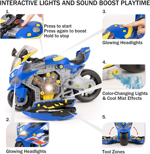 ZHYLLO 3-5, Set 3 4 5 6+ Take Apart Motorcycle Toy for Kids Mechanic Toy DIY Repair with LED Lights, Real Engine Sounds