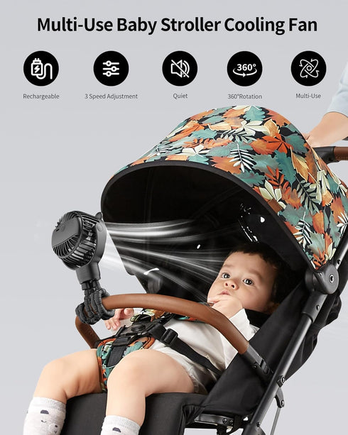Baby Stroller Fan, Rechargeable Portable Fan with 2000 mAh Battery Operated,3 Wind Speed,360-Degree Rotation,Ultra-Low Noise Level,Safe mini fan for your baby